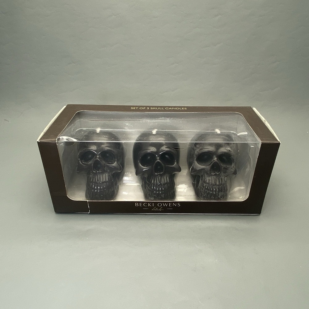 Becki Owens Set Of 3 Black Skull Candles Spooky Halloween Party Decor